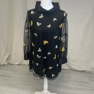 Naracamicie Women's Blouse Tunic Black with Gold and White Embroidery Sz 1